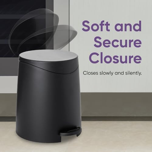 Image of Superio Mini Bathroom Trash Can with Lid 3 Liter, Plastic Waste Bin 0.75 Gallon, Modern Flat Lid Step On Trash Can with Foot Pedal, for Bathroom, Bedroom, Office, Under Desk, Soft Close (Black)