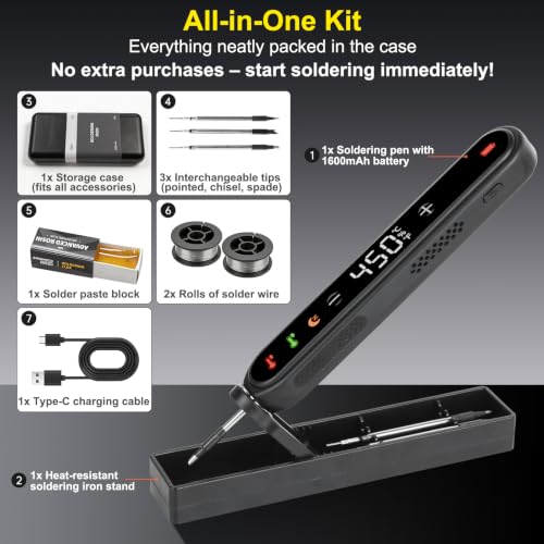 Fer à souder sans fil rechargeable 1600mAh – Kit complet avec 3 pannes, température réglable 180-450°C, charge USB-C, fil et pâte à souder – Outil de soudage électronique DIY (Noir) – vue 6