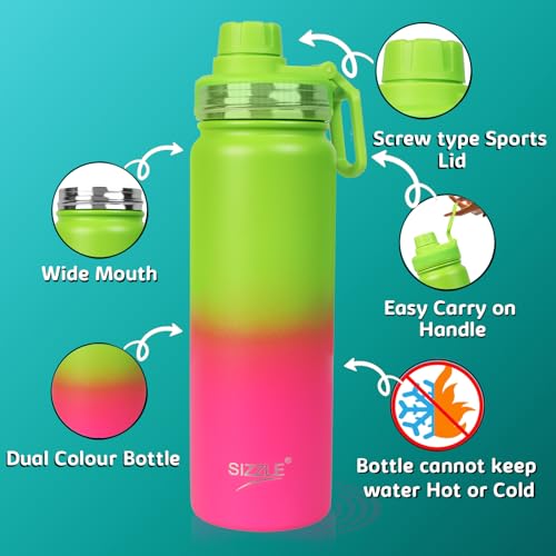 Image of Sizzle Element Stainless Steel Water Bottle 750 ML For Kids & Adults | Lightweight Leakproof Water Bottle with Powder Coating Finish | Dual Green-Pink Colour