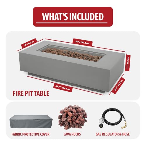 Image of AMS Creations | Madison 60 inch Rectangular Propane Gas Outdoor Fire Pit Table | Light Gray Concrete GFRC | Smooth Texture or Surface | Electronic Ignition | Outside Backyard Fireplace
