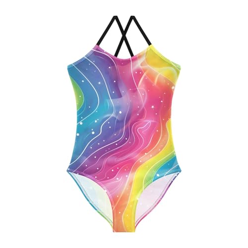 Bolaz Girls Swimsuits One-Piece Bathing Suits Multicolor Kids Sport Summer Beach Swimwear for 3-10 Years Old-Rainbow Pattern Cartoon Sticker Hand-Painted Illustration Aurora Glow 2D