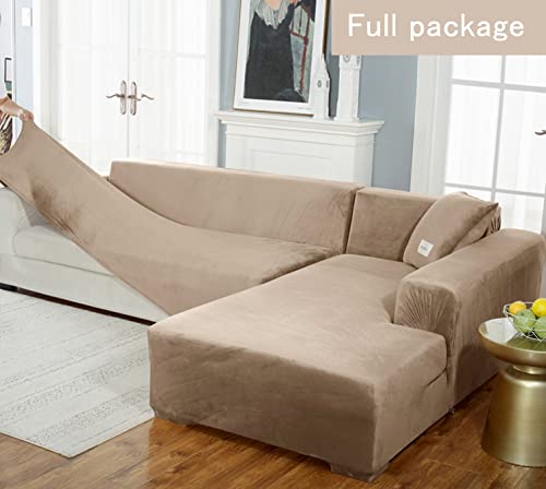 Housse de canapé en L en velours gris extensible pour angle 3+4 places - 7