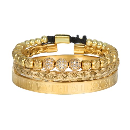18K Gold Plated Stainless Steel Bracelets for Men - Roman Numeral Bracelet Luxury Crown King Twisted Cuff Cable Bangle Bracelets Set