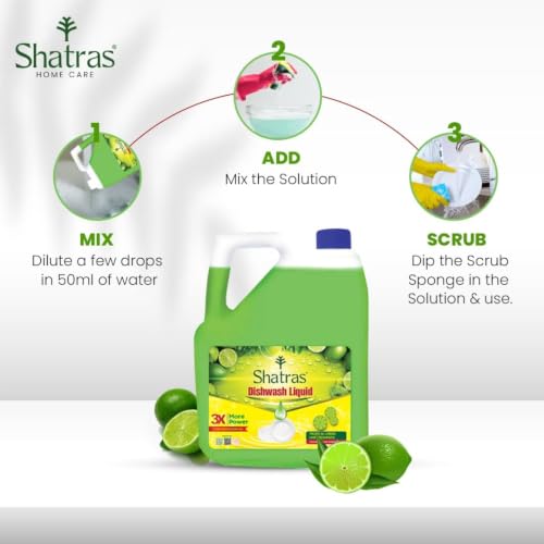 Image of Shatras Dishwash Liquid - Tropical Green Lime Freshness | Tough Grease Removal | 3X More Power | Removes Odour & Grease | Liquid Dish Cleaner(5L)