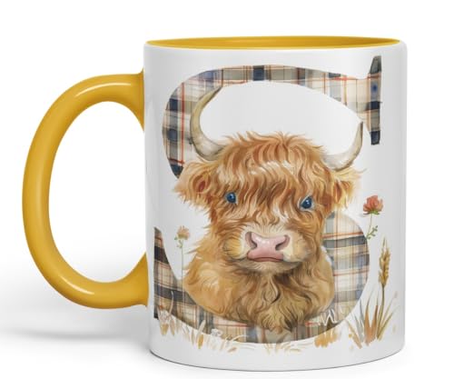 Vixar Highland Cow Alphabet Monogram Coloured Ceramic Cup Mug Letter S Rustic Farmhouse Animal Letter Gift 11oz (Gold Yellow)