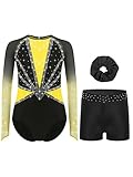 dPois Maillot Brillante De Gimnasia Rítmica para Niñas Leotardo Manga Larga con Leggings Cortos Elásticos Mono De Deportivo Amarillo 5-6 años