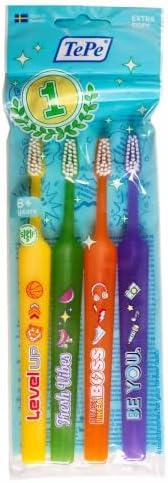 TePe Select Compact Toothbrush, Kids Extra Soft, Mixed Pack, 4pcs, Kids Toothbrush, Soft Bristle Toothbrush for Gentle and efficient Cleaning