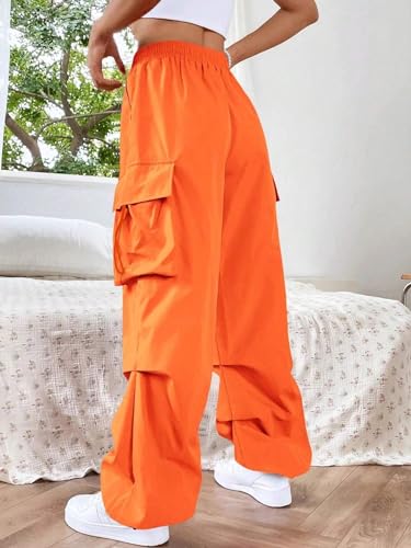 Womens Dopamine Orange Solid Color Drawstring Cargo Pants Loose Extra Long Pant Trousers for Women2