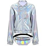 Twistover Women's Holographic Metallic Long Sleeve Zipper Jacket and Shiny Fanny Pack Waist Bag, X Large(Silver)