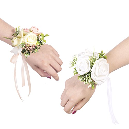 Ling's moment Wrist Corsages Bracelet White Corsage Bridesmaid Hand Flower for Wedding Festival