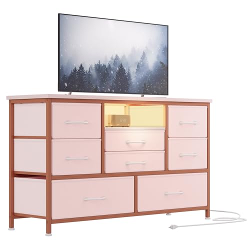 Jojoka 8-Drawer LED Dresser TV Stand with Power Outlet for 55'' TV - Wide Storage Chest for Bedroom, Living Room & Entryway, Wood Top Console Table with 22 Light Modes