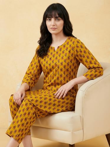 Image of Bee M Pee Designer Trendy Floral Printed Cotton Kurta Coord Sets for Women | Stylish Casual Tunic Kurti Set with Pant for Woman for Office
