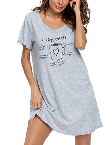 ENJOYNIGHT - Chemise de nuit en coton - Manches courtes - Pour femme - Pour l’été, Tasse grise, L/XL Cover