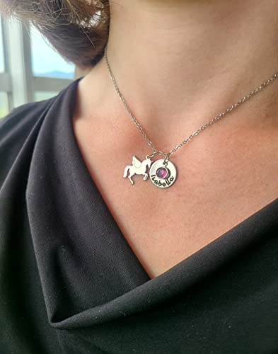 Personalized Unicorn Necklace - Custom Birthstone Laser Engraved Name - Little Girls Gift Fantasy - Stainless Steel Silver Gold - Dgr 15Mm #TOP2