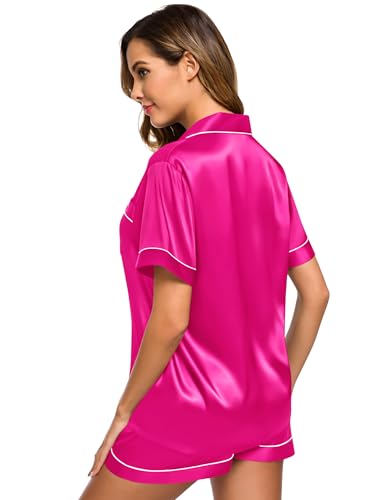 Image of SWOMOG Womens Silk Satin Pajamas Set Short Sleeve Sleepwear Button Down Top and Shorts Loungewear 2 Piece Pjs Set XS-3XL