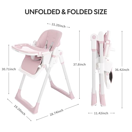 3 in 1 Baby High Chair with Wheels, Adjustable 5 Point Harness, Tray, Foot Rest, Backrest and Seat Height, Foldable High Chair for Toddlers, Pink - Image 3