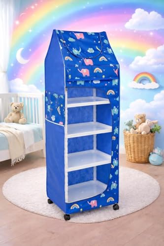 Image of YouCopia Baby Wardrobe Plastic Kids Storage Rack with Fabric Cover & Wheels | 6-Tier Plastic Shelves Organizer | Toy, Book & Clothes Storage Cabinet for Kids Room (Elephant)