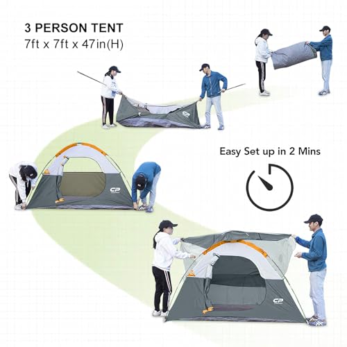Image of CAMPROS CP 3 Person Tent, Dome Tents for Camping with Rainfly, Waterproof Camping Tent Easy Set Up, Portable Family Tent with Large Mesh Window & Carry Bag for Outdoor Hiking