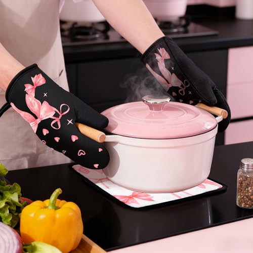 Vetoxka 8 Pcs Cute Pink Bow Kitchen Towels and Dishcloths Sets Oven Mitts Pot Holders Set Valentines Day Absorbent Decor Accessories Gloves Potholders Heat Resistant for Chef Baking Cooking Home Gifts — view 6