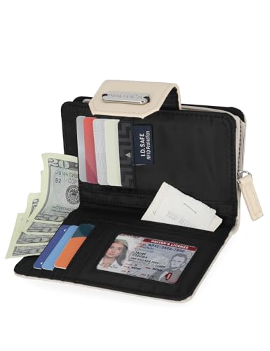 Image of Nautica Womens, Close Reach Vegan Leather RFID Wallet, Small Credit Card Holder Purse with Zipper Coin Pocket and ID Window in Bone Check