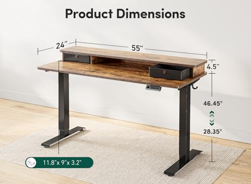Image of FEZIBO 55 x 24 Inch Height Adjustable Electric Standing Desk with Double Drawer, Stand up Desk, Home Office Computer Desk with 4 Height-Adjustable Feets & 2 Hooks, Rustic Brown