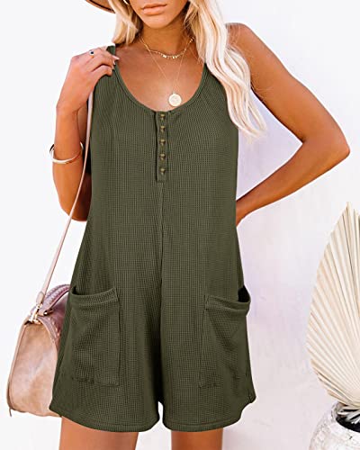 Caramitty Rompers For Women Button Down Summer Waffle Knit Sleeveless Loose Jumpsuits Spaghetti Strap Short Pants Outfit #TOP1