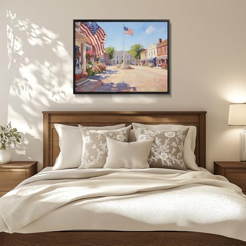 Image of American Flag Framed Canvas Wall Art, 4th of July Red White Blue Canvas Prints, USA Flag with Small Town Street Patriotic Decorations, Independence Day Wall Decor for Bedroom Living Room 11x14