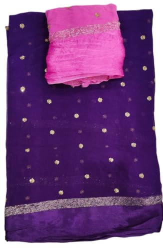 Image of Pure Georgette Sequence Work Saree with Contrast Blouse, Satan Patta Fabric