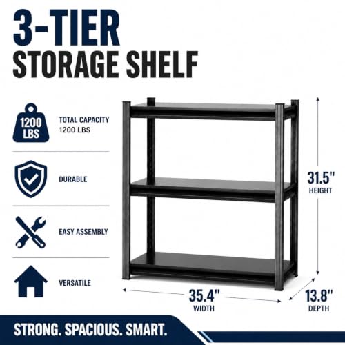 Image of Garage Shelving Heavy Duty Shelving Unit, 1200 LBS 3-Tier Adjustable Boltless Storage Rack, Organizer for Garage Warehouse Kitchen Basement Workshop Household Supplies, 31.5 inchH x 35.4 inchW x 13.8 inchD, Black