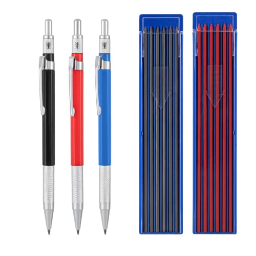 Habibee 3 Pack Carpenters Pencil Set With 24 Pcs 2.0Mm Refills Replacement, Mechanical Carpenter Pencils With Sharpener, Deep Hole Woodworking Pencil Maker For Construction/Carpenters/Drawing/Scriber #TOP8