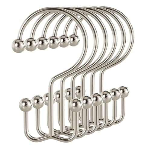 Bathway Shower Curtain Hooks Nickel Shower Curtain Rings 12 Pcs Double Hook Shower Curtain Hooks Rings Shower Curtain Hangers Rust Proof Metal Shower Hooks for Bathroom Shower Curtain Rod