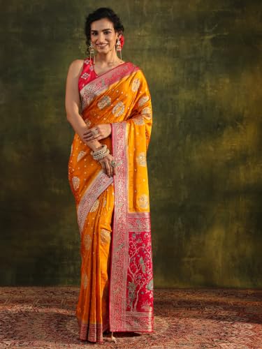 Image of Libas Art Woven Design Satin Saree for Women With Unstitched Blouse Piece | Traditional Saree for Party & Wedding