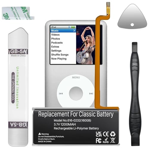 【 1200mAh 】for ipod 5th - 7th Classic Battery , High Capacity 616-0232 Battery Replacement Compatible with iPod 5th - 7th Generation Video Classic A1136 A1238 6th 80GB 6.5th 120GB 7th 160GB 5th 30GB