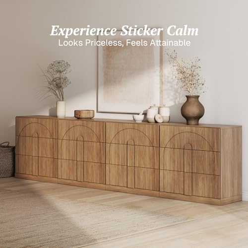 Image of BELLEZE Sideboard Cabinet with 3 Drawers, Set of 4 Modern Wood Buffet Cabinet with Arc Design, Large Fluted Sideboard with Storage for Kitchen Living Room Entryway, Camel