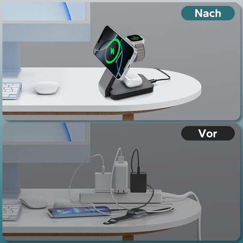 Eazpower 3 In 1 Magsafe Ladestation für Apple Watch und iPhone Faltbar, iPhone Ladestation Magsafe Ladegerät Charging Station für Phone 17 16 15 14 13 12 Pro Max - Schwarz