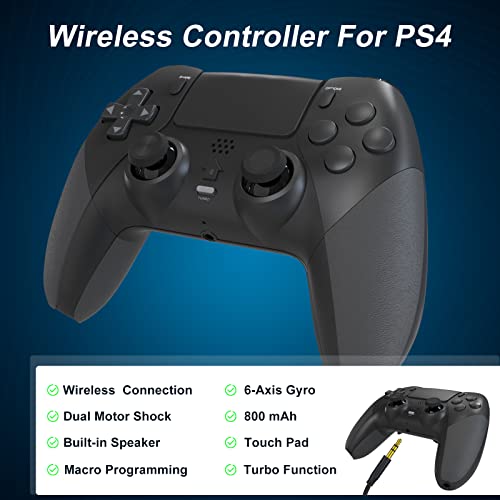 LuckyMoon Wireless Controller for PS4, Gamepad Joystick Controller Compatible with PS4/Pro/Slim with Dual Vibration/6-Axis Gyro Sensor/Turbo/Programmable Buttons(Black)