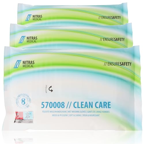 Nitras Clean Care Feuchte Einmal Waschhandschuhe mit Aloe Vera & Kamille für Gesicht Körper Hände - 8 besonders weiche & erwärmbare Tücher Größe 23 x 14 cm (3)