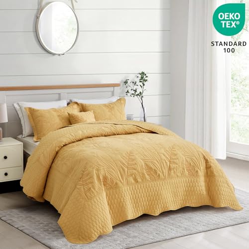 Image of Bedspread oversized Queen 102x118，Beautiful Leaf Stitching，5 PC, Honey Gold
