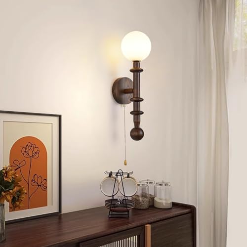 Image of Wood Wall Sconce,Industrial Globe Wall Sconce,Modern Bedroom Vanity Wall Light fixtures with White Globe Glass Lampshade for Living Room、dinging Room