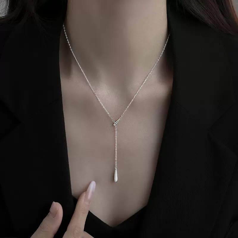 Teardrop Pendant Lariat Y Necklace, Dainty Long Necklaces 14k Gold Plated Sterling Silver Long Chain Necklace for Women Girls - Image 5