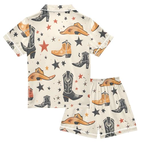 Satin Pajama Sets Short Sleeve Cowboy Boots and Stars Pattern Button Down Silky Nightwear 2 Piece PJS 5-14Y2