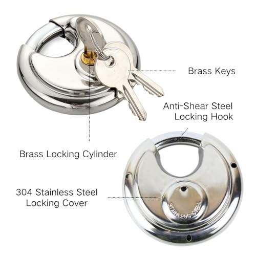 70MM Discus Padlock with Different 3 Brass Keys,304 Stainless Steel Disc Lock with Brass Gallows to Prevent Rusting,Thick Sturdy Hook to Prevent Picking.2 Pack-XZJYYF by XZJYYF - Image 2