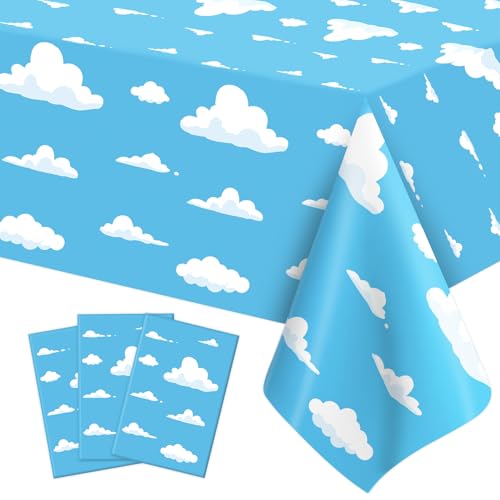 Image of 3 PCS Blue Sky and White Clouds Tablecloth Birthday Party Supplies 54 x108 Inch Cartoon Story Table Cloth Plastic Sky Clouds Backdrop Tablecover Cartoon Table Banner for Baby Shower Boy Girl Birthday