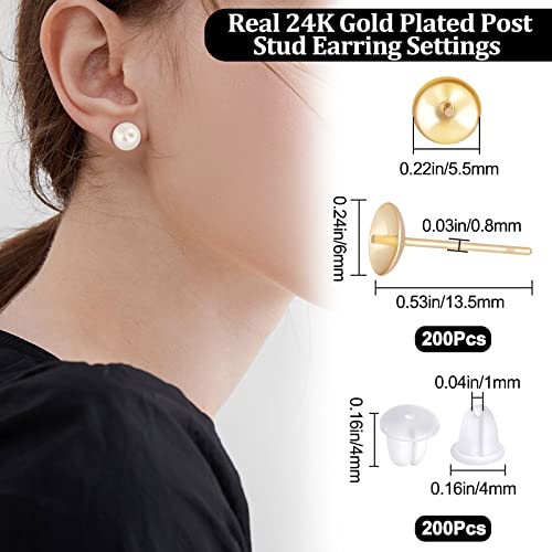 Beebeecraft 1 Box 200Pcs Pearl Cup Earring Post 24K Gold Plated Stud Earring Findings For Half Drilled Beads With 200Pcs Plastic Ear Nuts Pin 0.8Mm For Diy Earring Stud Making #TOP1