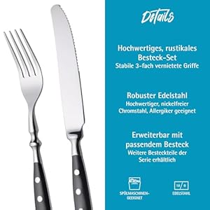 GRAWE cutlery set for 6 persons made of stainless steel Heavy Rustic Table cutlery set 30 pieces Forged cutlery with black handles Nuremberg series