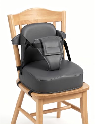 Image of Babelio Ergo-Rest Booster Seat for Kitchen Chair, Promote Proper Upright Posture, Non-Slip with Backrest & Adjustable Straps, Stain-Resistant Faux Leather, Fits Toddlers 1-5 Years, Dark Grey