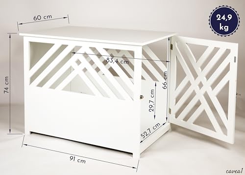 WONDERMAKE® Design Hundekäfig aus Holz für Zuhause Wohnung mit Beistelltisch, Hundebox fürs Wohnzimmer Indoor, 90x60 cm weiß