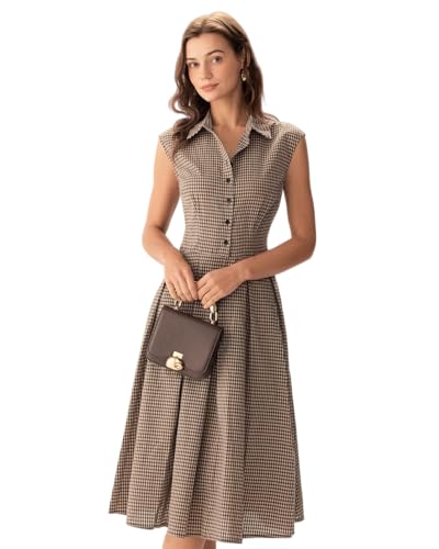 RIHOAS Women's Brown Plaid Dress Button Up Pleated Midi Dress Work Casual Premium Dresses
