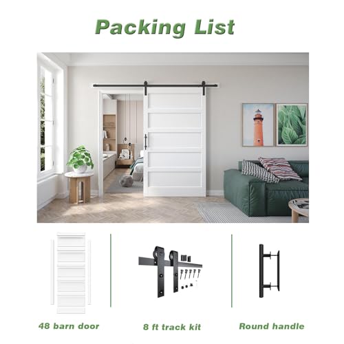 Image of 48x96 inch White Barn Door with 8FT Sliding Door Hardware Kit Included & Handle,MDF,Solid PVC Surface,DIY Assembly,5-Panel