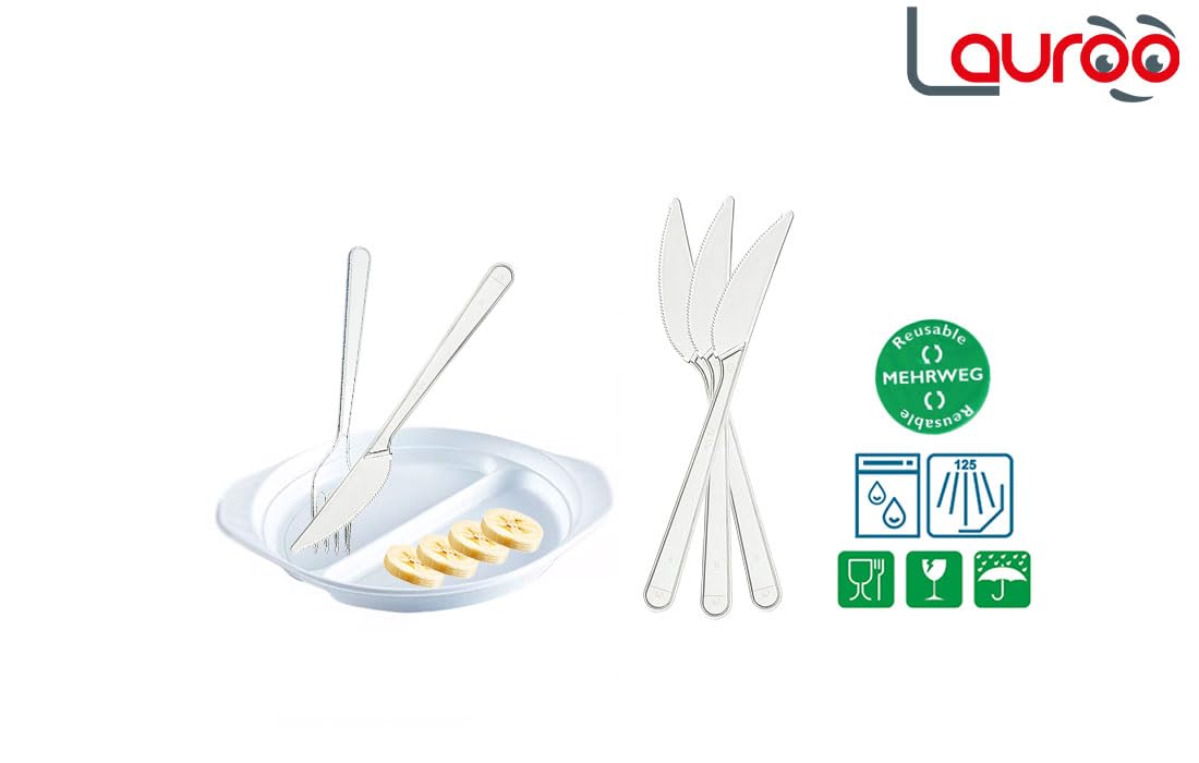 Lauroo Plastikmesser LUX Mehrwegmesser Plastikbesteck - Transparent 100 Stück